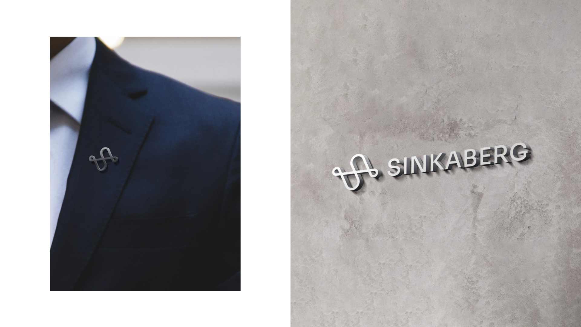 Dressjakke med logo pin og et veggskilt med Sinkaberg logo