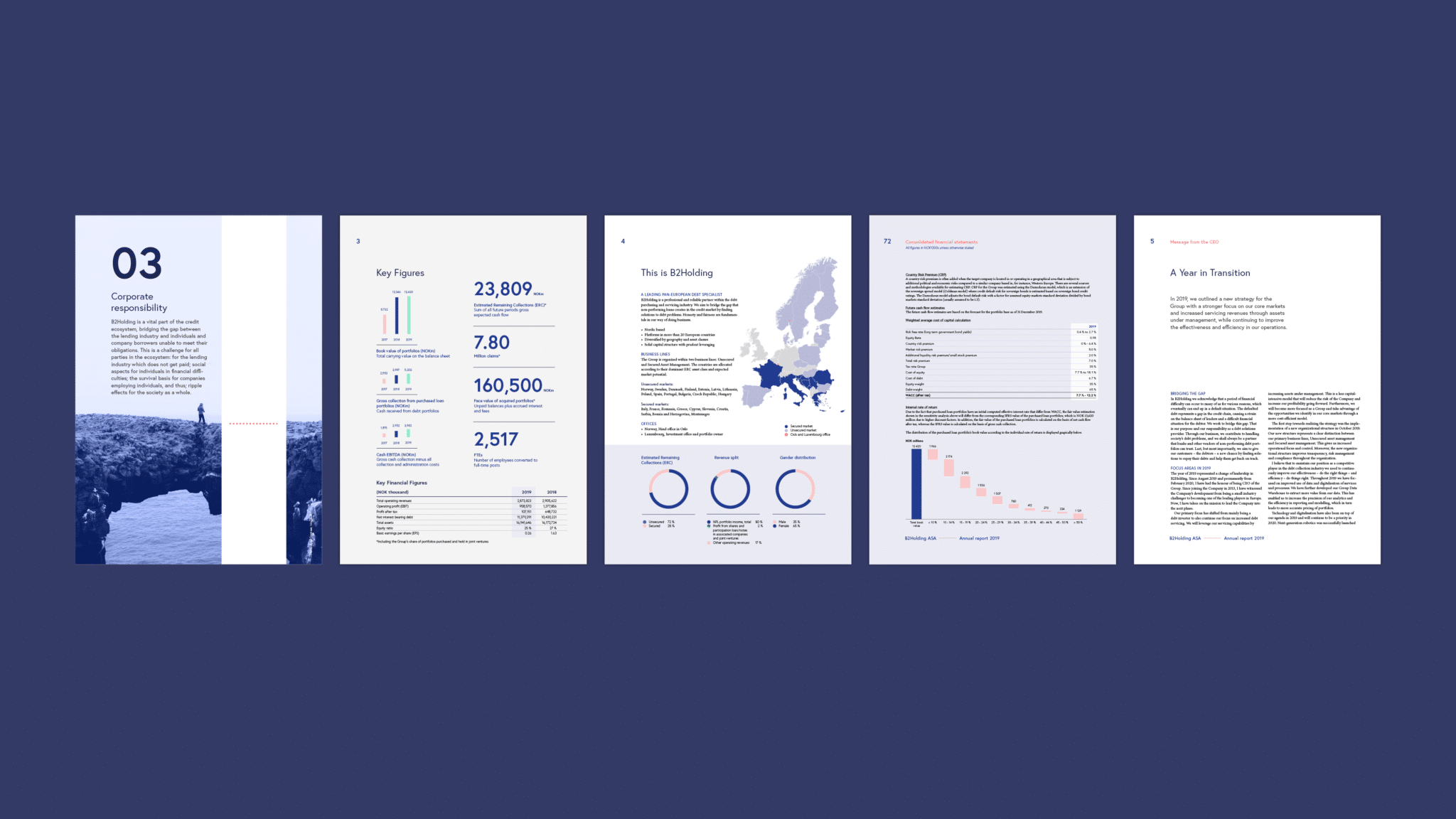 5 oppslag fra B2Holding sin årsrapport, hvor det vises ulik type infografikk og tekst.