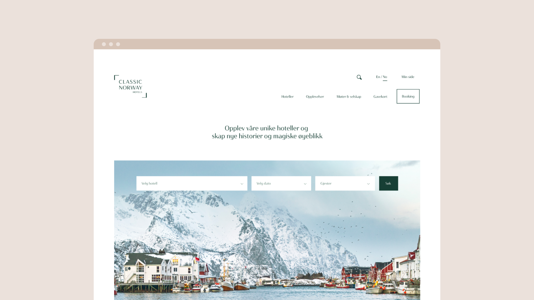 Skjermdump av det nye designet på nettsiden til Classic Norway Hotels.