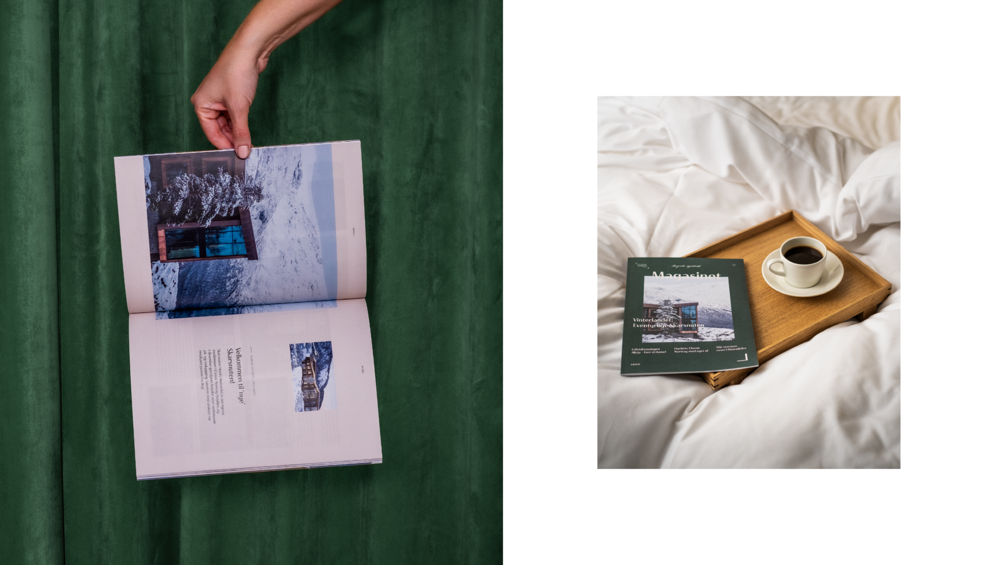 Collage av et magasin på den ene siden, og foto av en deilig send med et serveringsbrett med en kaffekopp og et magasin.