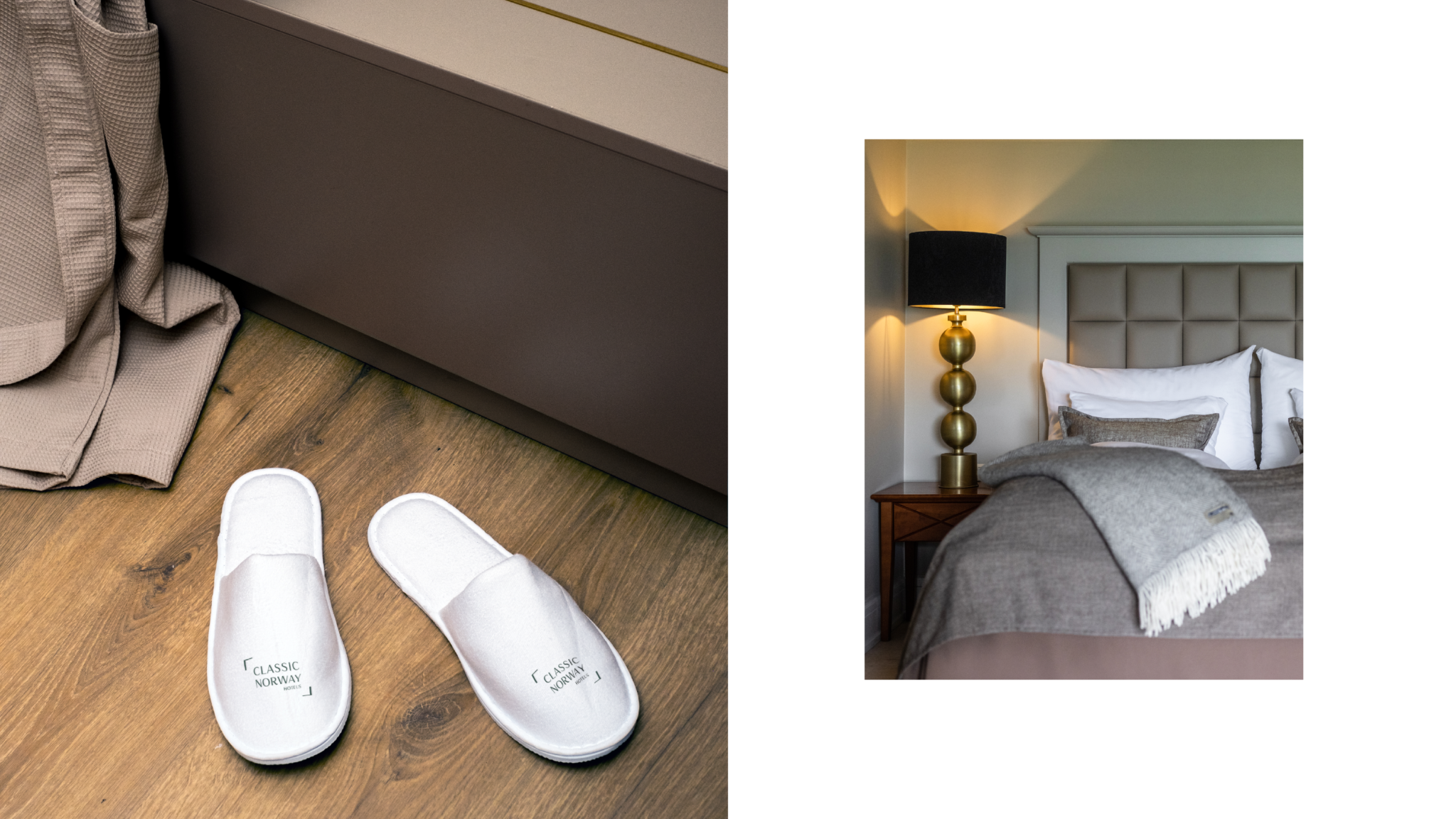 Collage av foto fra hotellrom, hvor den ene delen viser en benk med morgenkåpen slengt oppå og tøfter med logo står på gulvet. Den andre delen av bildet viser en pent oppredd seng med et teppe med logo.