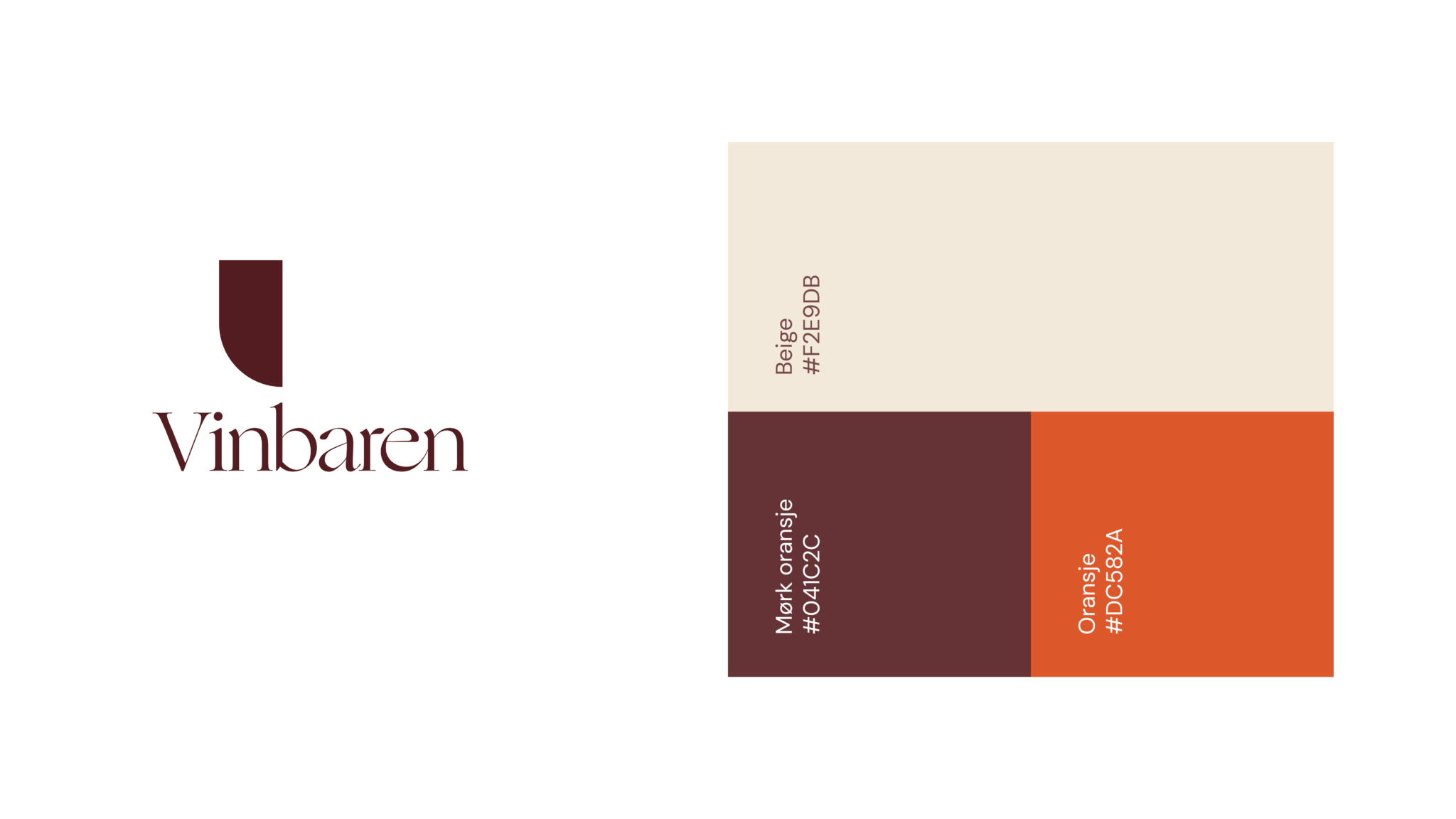 Vinbaren sin logo i burgunder, og Vinbaren sine profilfarger til høyre. De fargene er vist i firkanter med fargene beige, oransje og burgunder.