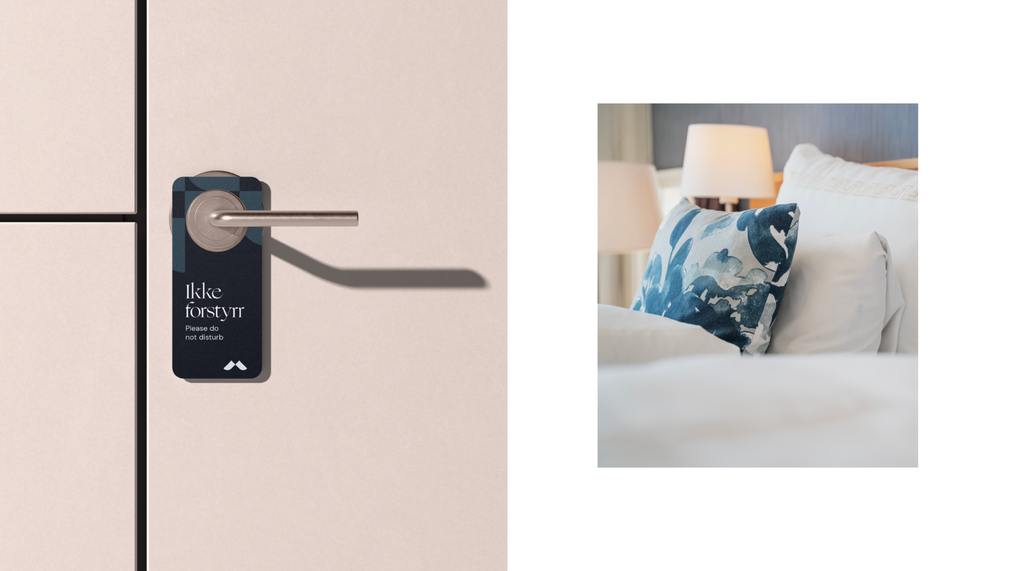 Foto viser en dør med et ikke-forstyrr skilt for Molde fjordhotell, og et foto av et hotellrom med en seng og en blå pute.