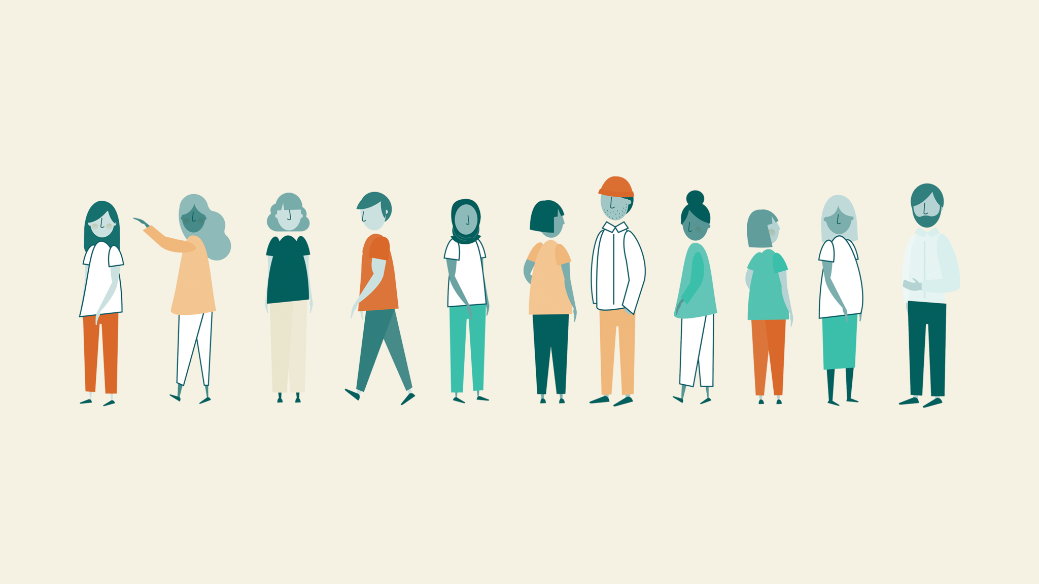 Illustrasjon av mennesker som står i ulike positur, har ulike klær, ulike hodeplagg, ulikt hår og ulik hudfarge. Her i Miljødirektoratets primærfarger som er ulik valør av sjøgrønn og orange.