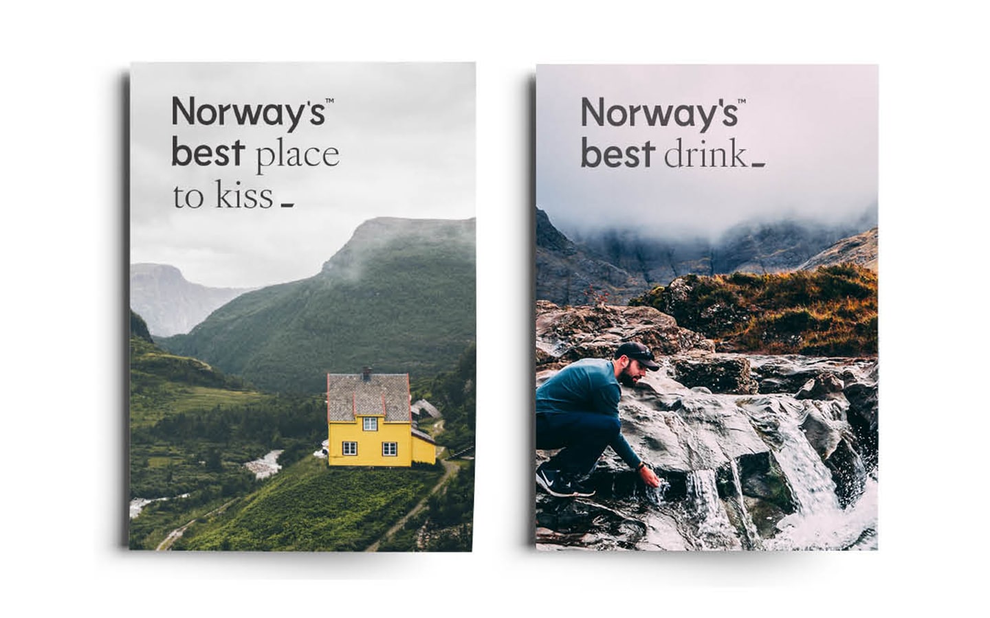 To katalogforsider, den ene har foto av et fjellandskap med et gult hus og teksten "Norway's best place to kiss" og det andre har foto av en mann som fyller hendene sine med vann fra en bekk og teksten "Norway's best drink".