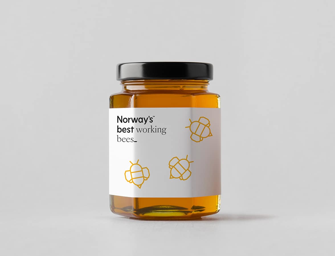 Glass med honning, og på etiketten står det Norway's Best working bees.