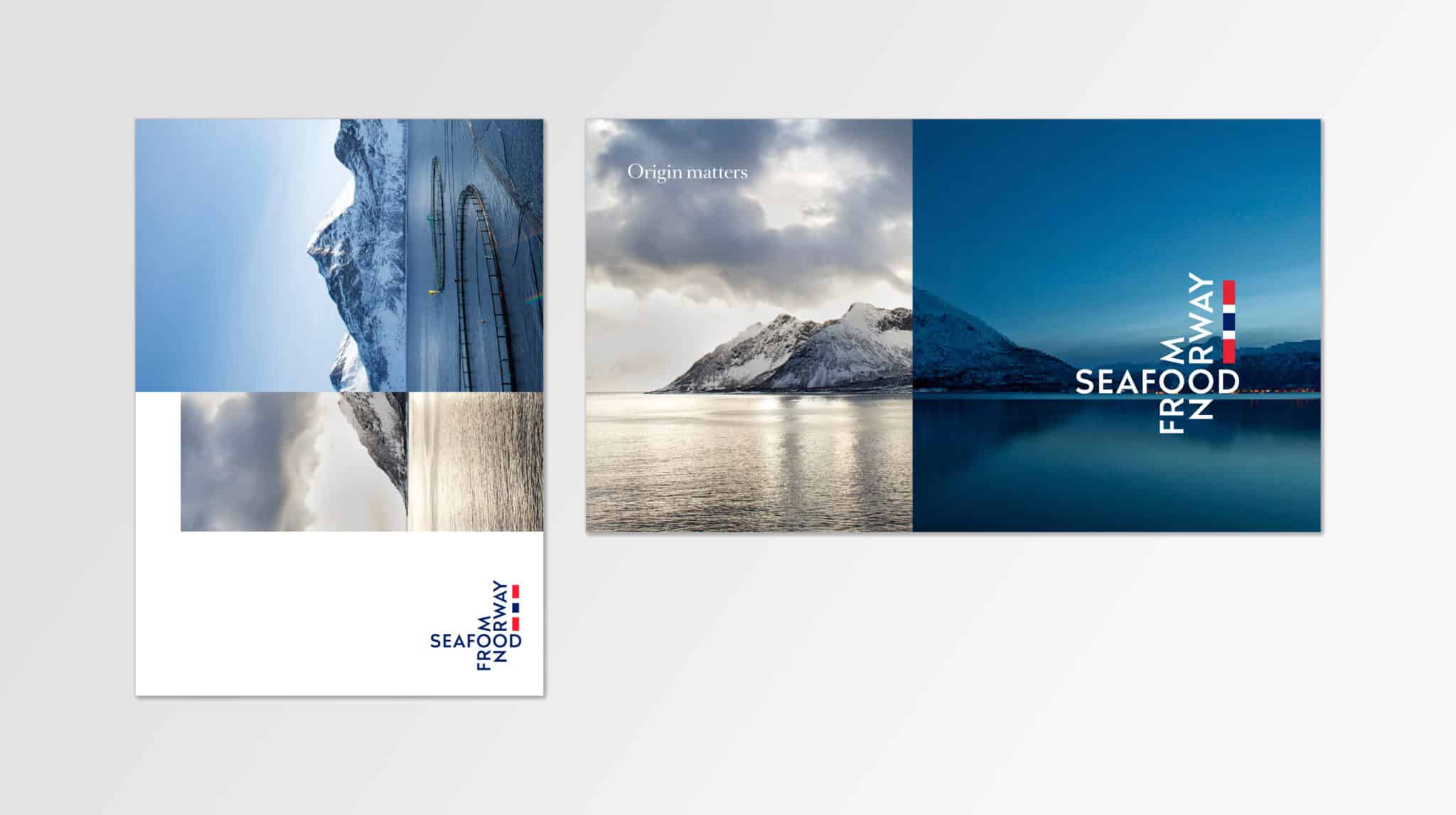 Foto av 2 brosjyreforsider for Seafood from Norway. Begge viser sterke kontraster i naturen med fjell som møte hav.