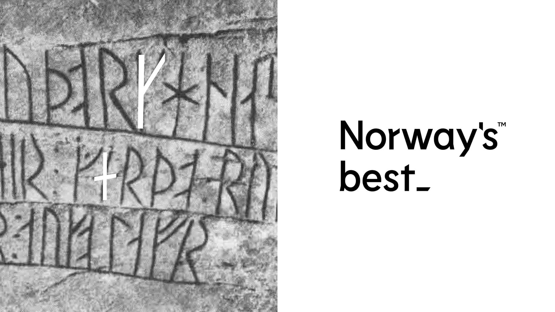Sammenstilling av et foto som viser gamle runer, og så er det markert inn linjer som ligger oppå. Disse linjene er inspirasjonen til hvorfor Norway's best logo fikk den typografien de fikk. På høyre side er Norway's best sin logo.
