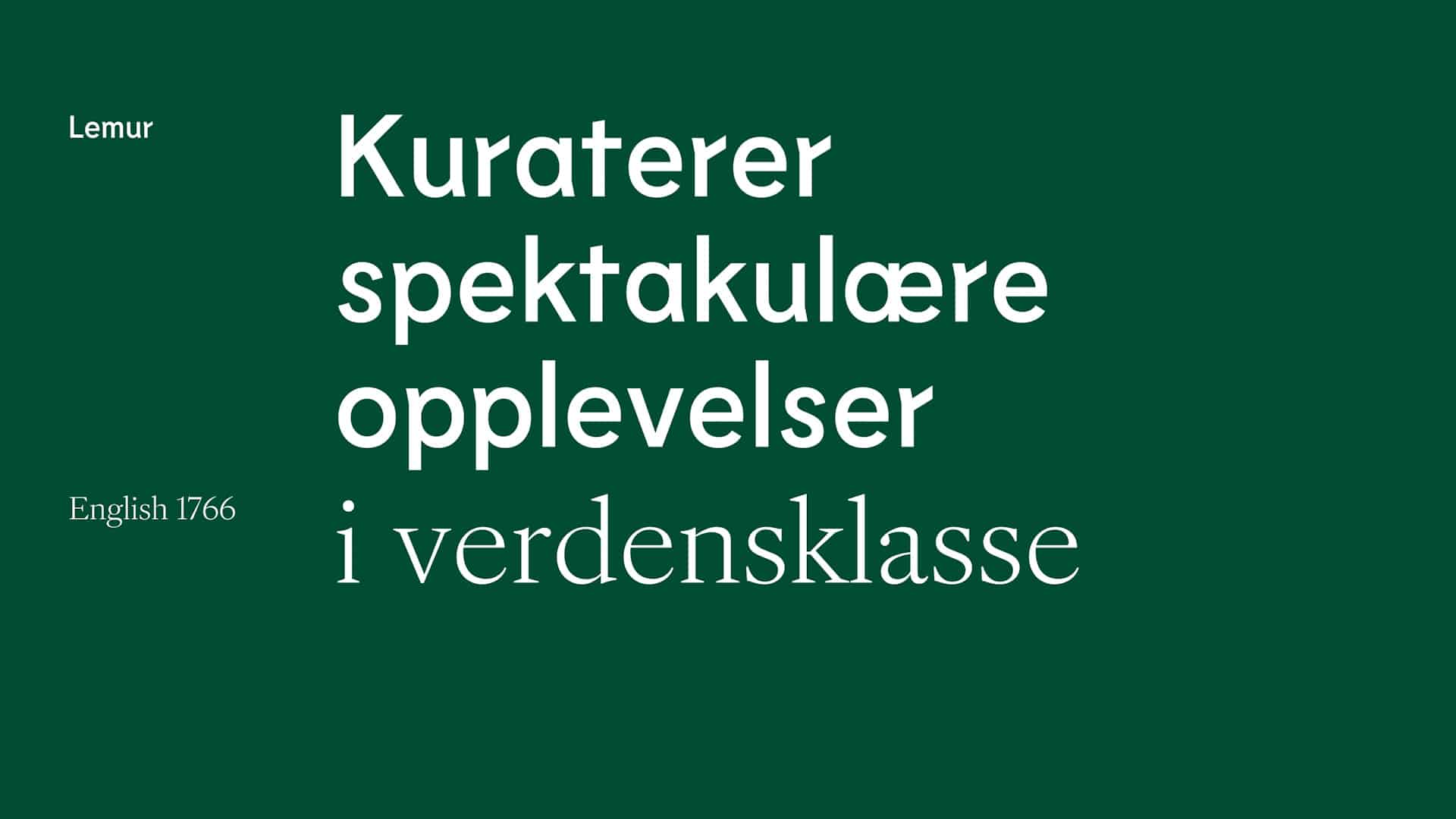 Typografi som er brukt i den visuelle profilen til Norway's best. Fonten heter Lemur, og støttefonten er English 1766.