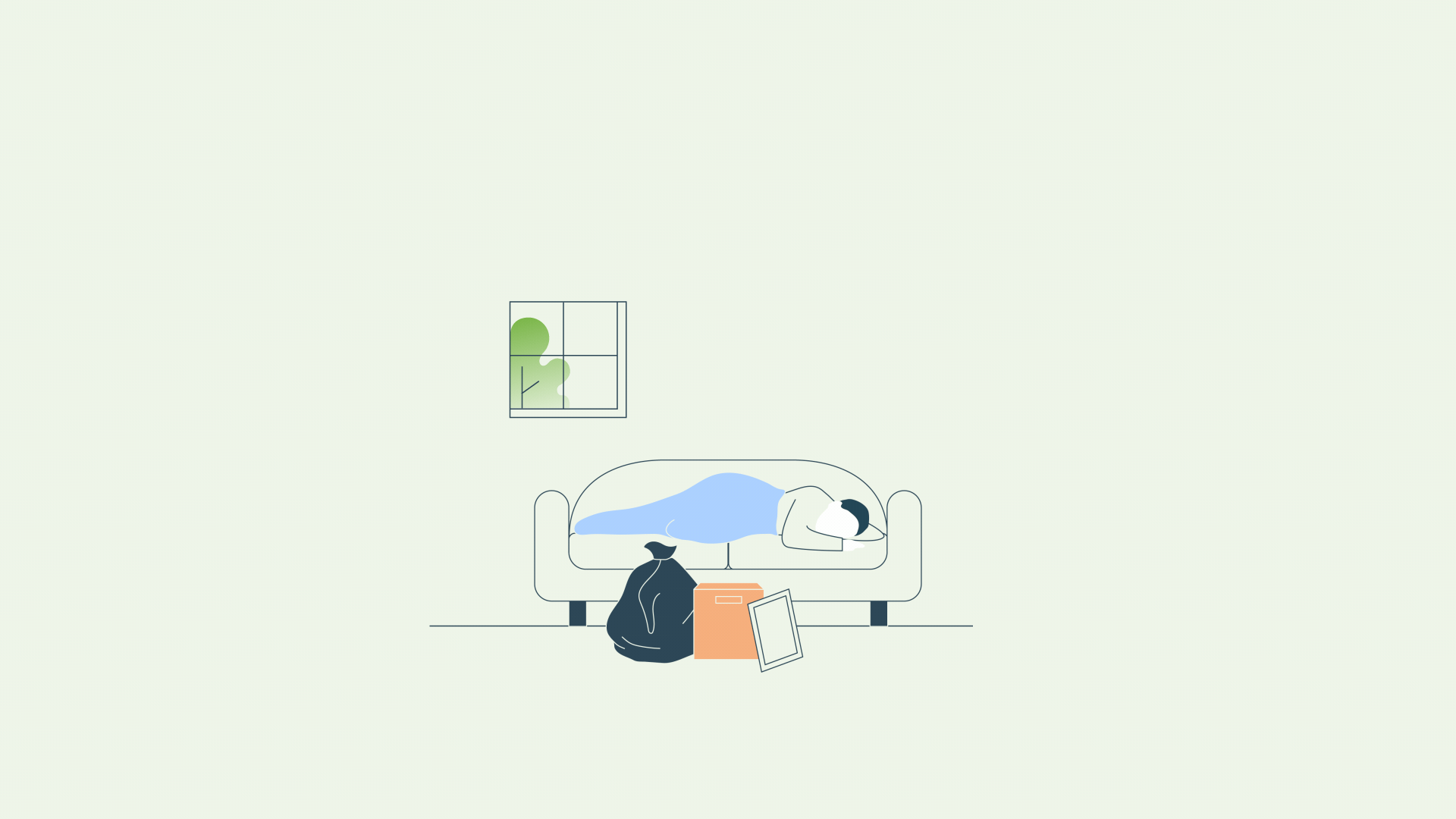 Illustrasjon av mann som ligger på en sofa, med et flyttelass foran seg.
