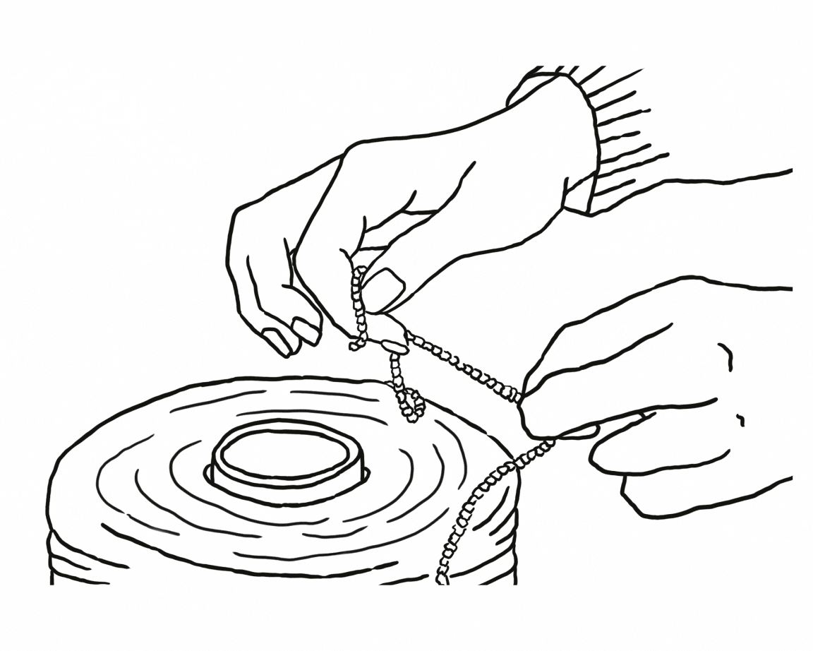 Animasjonsbilde som viser hender som holder en tråd som surres rundt en trådsnelle. Det er bevegelse i trådsnellen.
